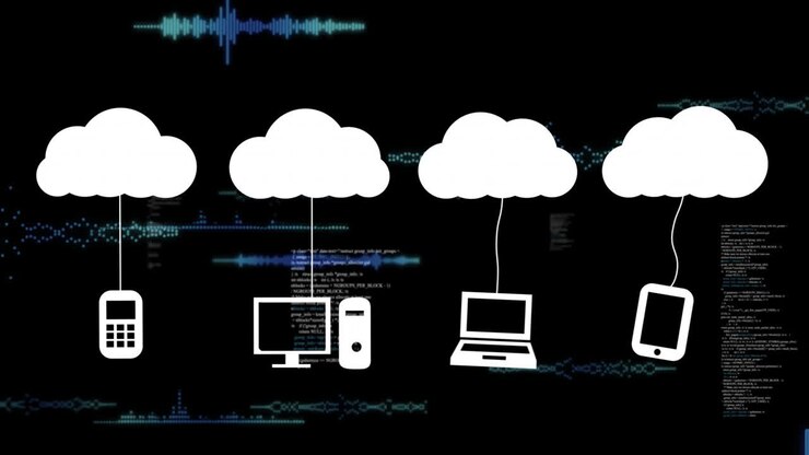 Cloud computing concept with devices connected to clouds over digital data animation