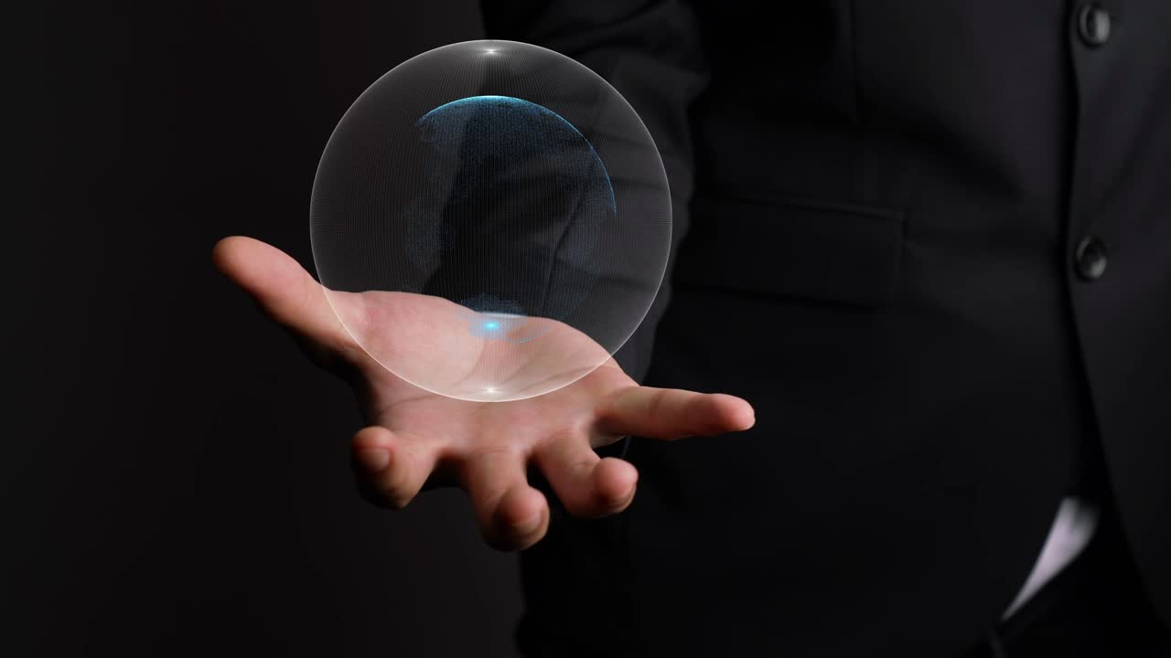 인간의 손이 지구를 잡고 있는 홀로그래픽 기술