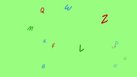 digital animation of multiple colorful english alphabets floating against green background