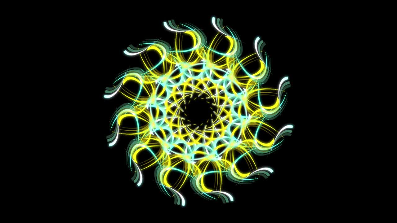 Green and yellow circle shaped changing figure. Stock animation. Abstract colorful digital kaleidoscopic motion graphics on black background, seamless loop