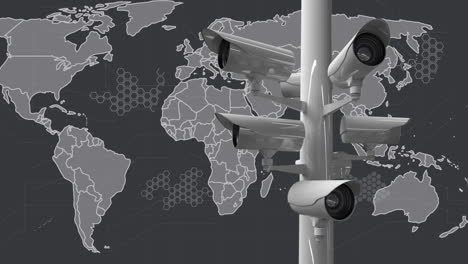 animación de cámaras de seguridad en línea y procesamiento de datos sobre el mapa del mundo