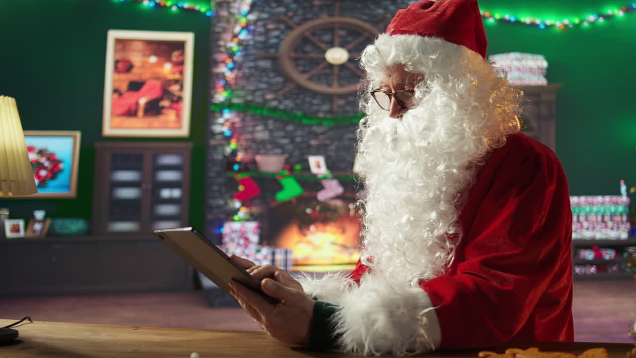 Santa Claus Using Tablet by the Fireplace