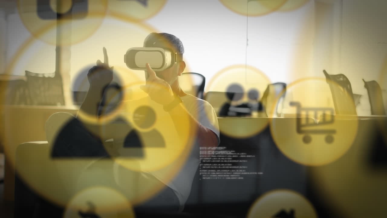 데이터 처리 및 아이콘의 애니메이션 카우카시안 맨 vr 헤드을 사용하여