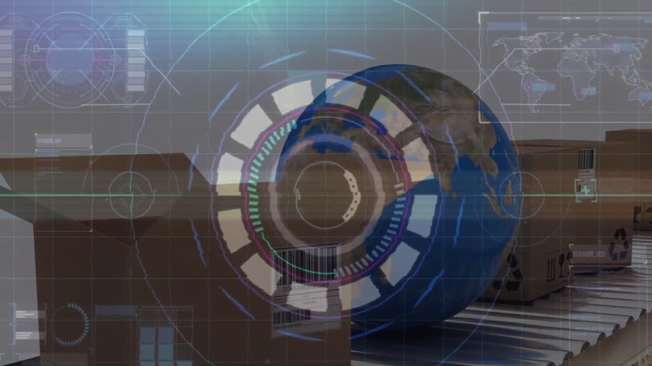 animación del procesamiento de datos con fallo sobre el globo y cajas de cartón en la cinta transportadora