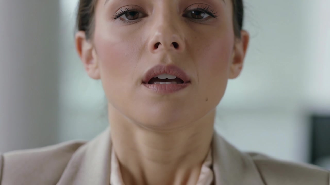 Donna professionista che riprende fiato, fa una pausa dopo aver parlato, rilassa la mascella in ufficio, si intravede un blazer
