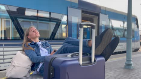 stylish woman waiting at railway platform, using smartphone while checking surroundings during train arrival, capturing urban transportation moment with golden sunset light. city dweller, railway