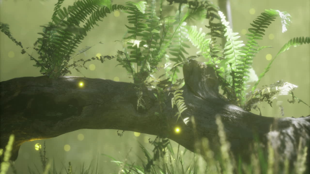 Lush forest setting with ferns and sunlight filtering through trees