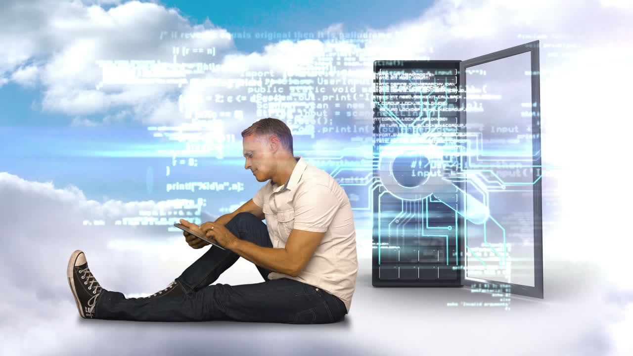 Casual man using his smartphone in front of server tower 