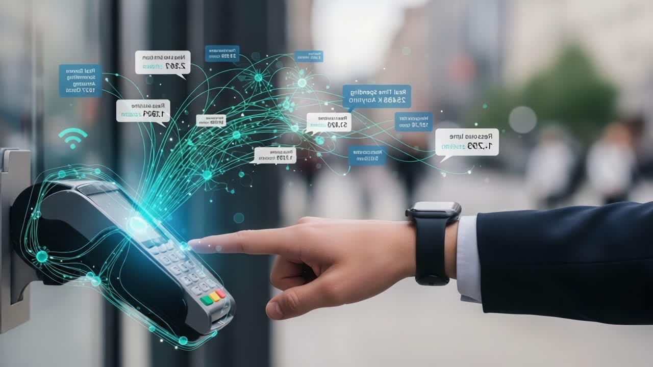A close look at digital payment technology, showcasing seamless transactions and user interaction with an advanced payment terminal in a vibrant urban setting