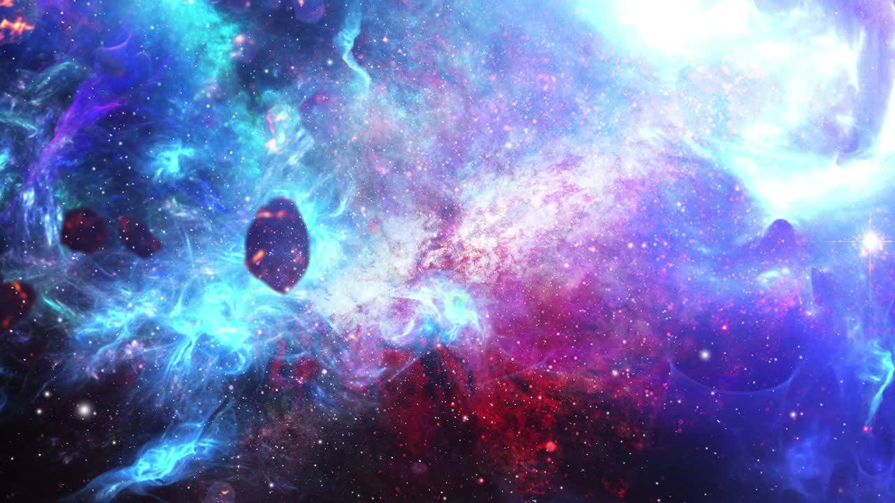 Sumupilviä ja useita asteroidikiviä sijaitsee laajassa universumissa.