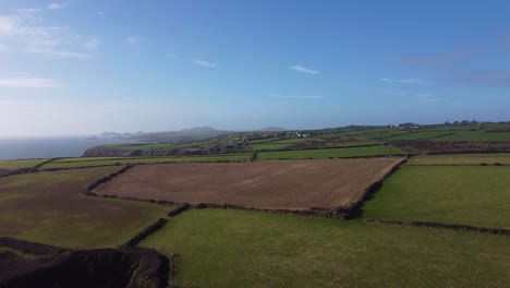 Green-Farming-Fields-Along-Rocky-Coastline-with-Mountains-in-Distance---Aerial-Footage