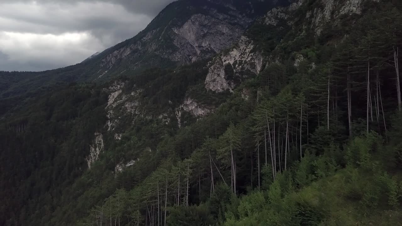 vista aérea de las montañas y el bosque en borgo valsugana en trentino italia con drones volando hacia adelante