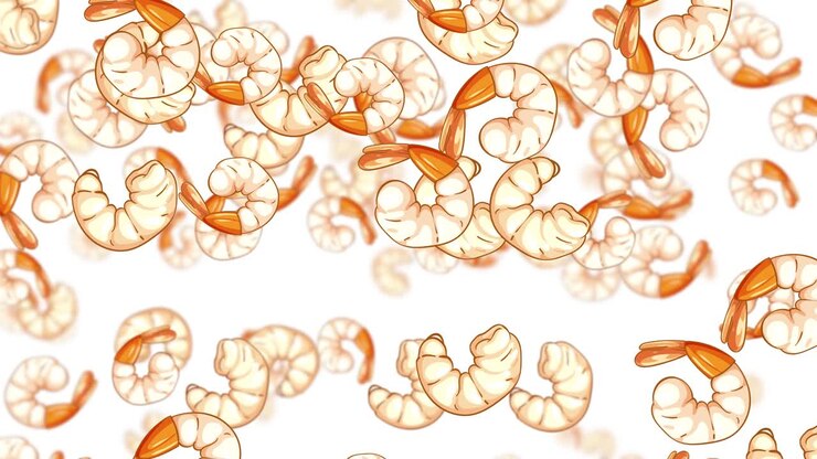 Seamless looping animation of stylized shrimp pieces gently raining across bright white background