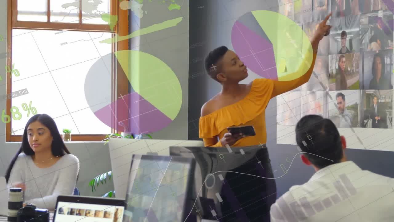 Animation of statistical data processing over african american woman giving a presentation at office