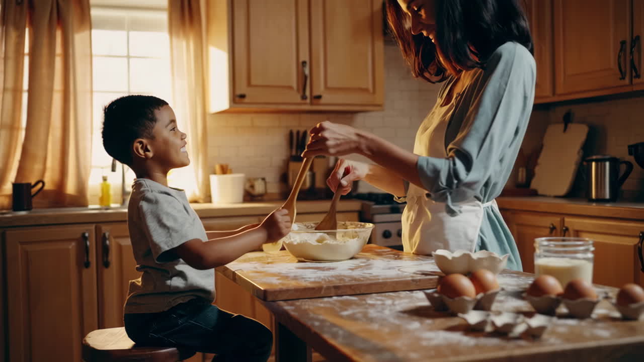 Mother and son baking together in the kitchen