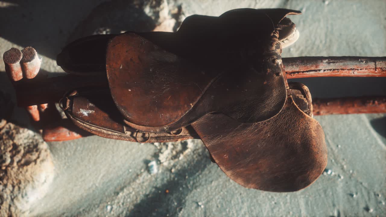 silla de cuero del jinete en la valla en el desierto