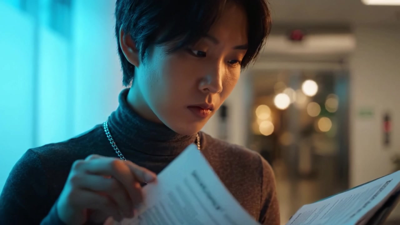 A focused individual examining pages in a dimly lit modern space, emphasizing concentration and discovery amidst ambient lighting and warm tones.
