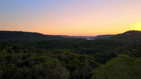 Drone-shot-flying-through-gap-in-treetops-out-over-the-rainforest-of-Misiones,-Argentina-during-sunset