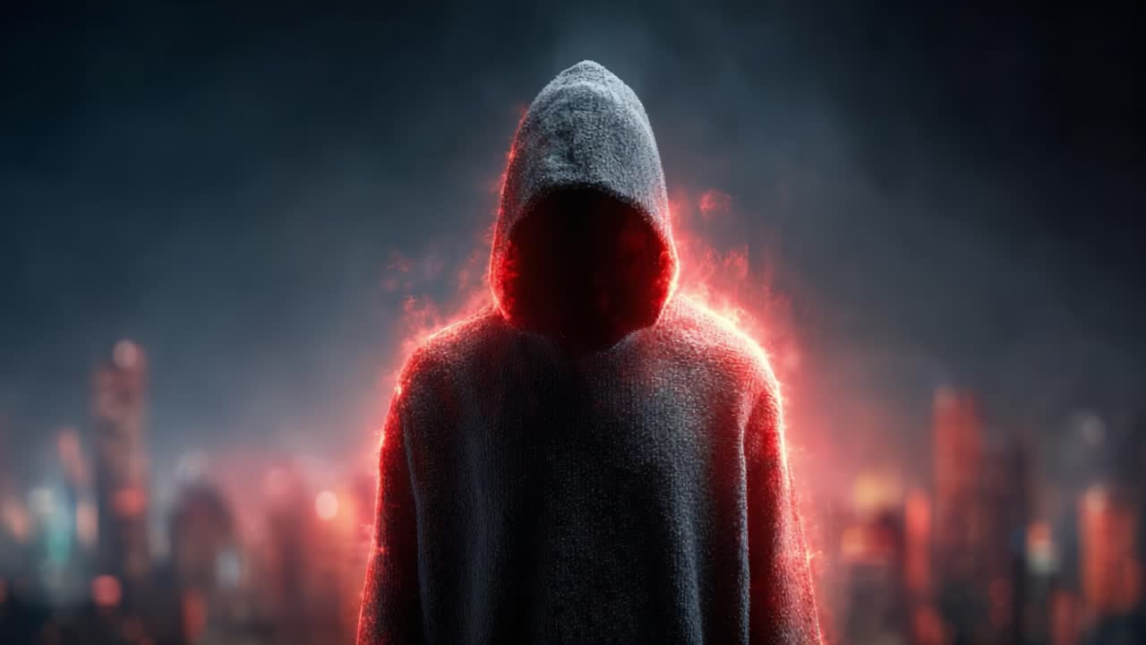 A Mysterious Figure in a Hooded Cloak, Surrounded by Enigmatic Glow and Urban Landscape, Eliciting a Sense of Intrigue and Dark Energy in a Futuristic Setting