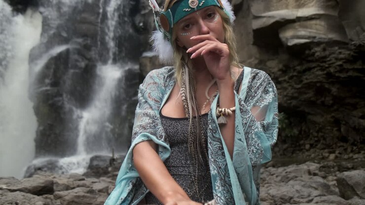 Donna con copricapo di piume presso una cascata