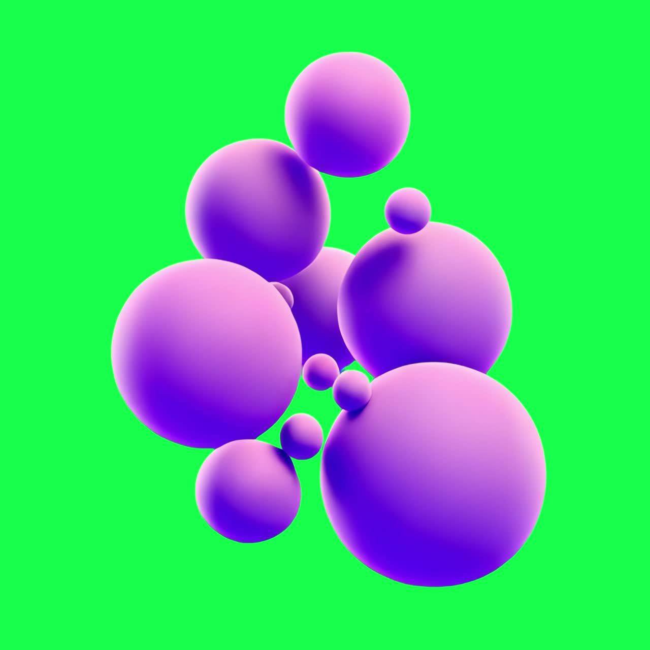 Animazione vibrante di sfere viola astratte, video 4K trasparente, green screen.