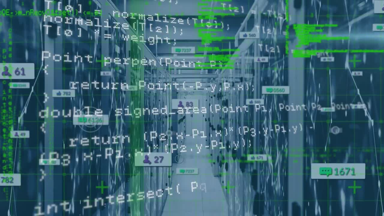 Animation of data processing and media icons over server room