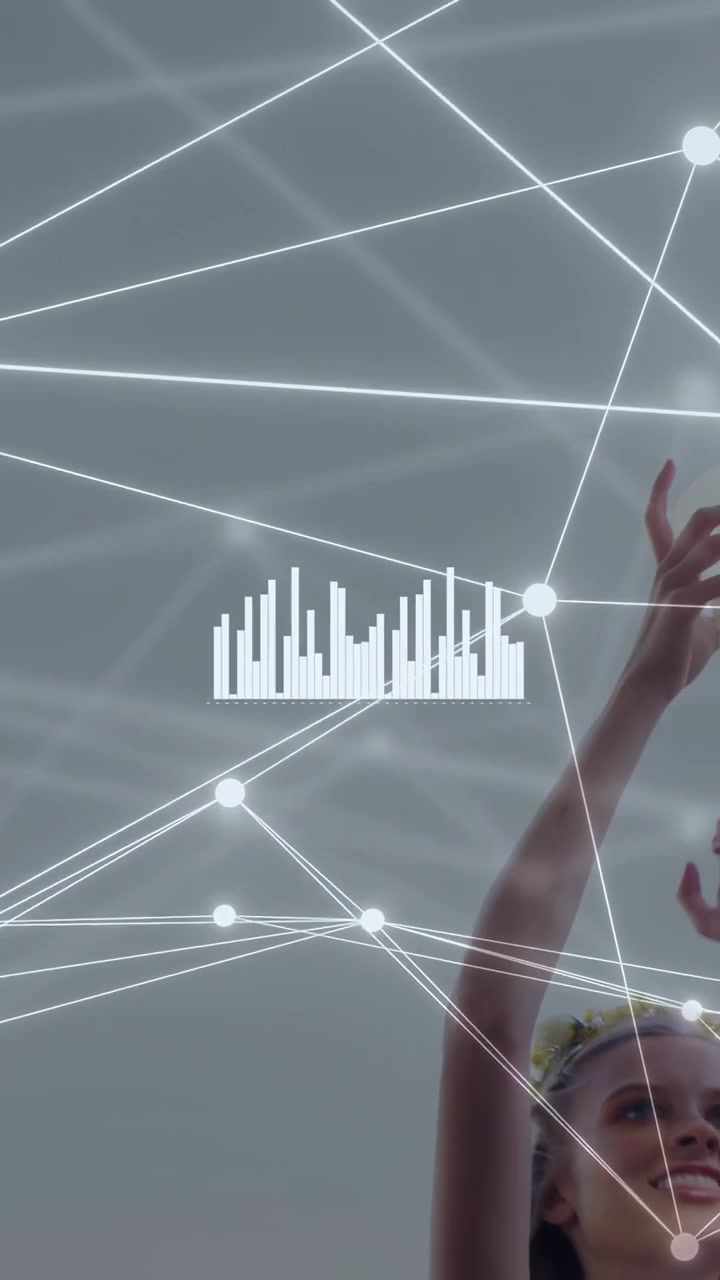 Vertical video: Woman entering grey network, raising orb and manipulating HUD bars for tech demo