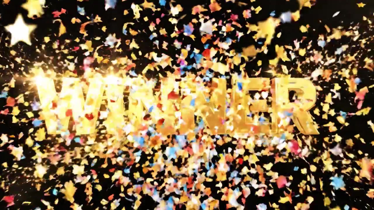 Celebratory Announcement for the Winner with Glowing Typography Surrounded by Sparkling Confetti and Stars, Highlighting Achievement and Success in a Dynamic Visual Presentation