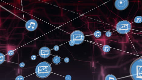 animation of network of connections with device and music icons over black background