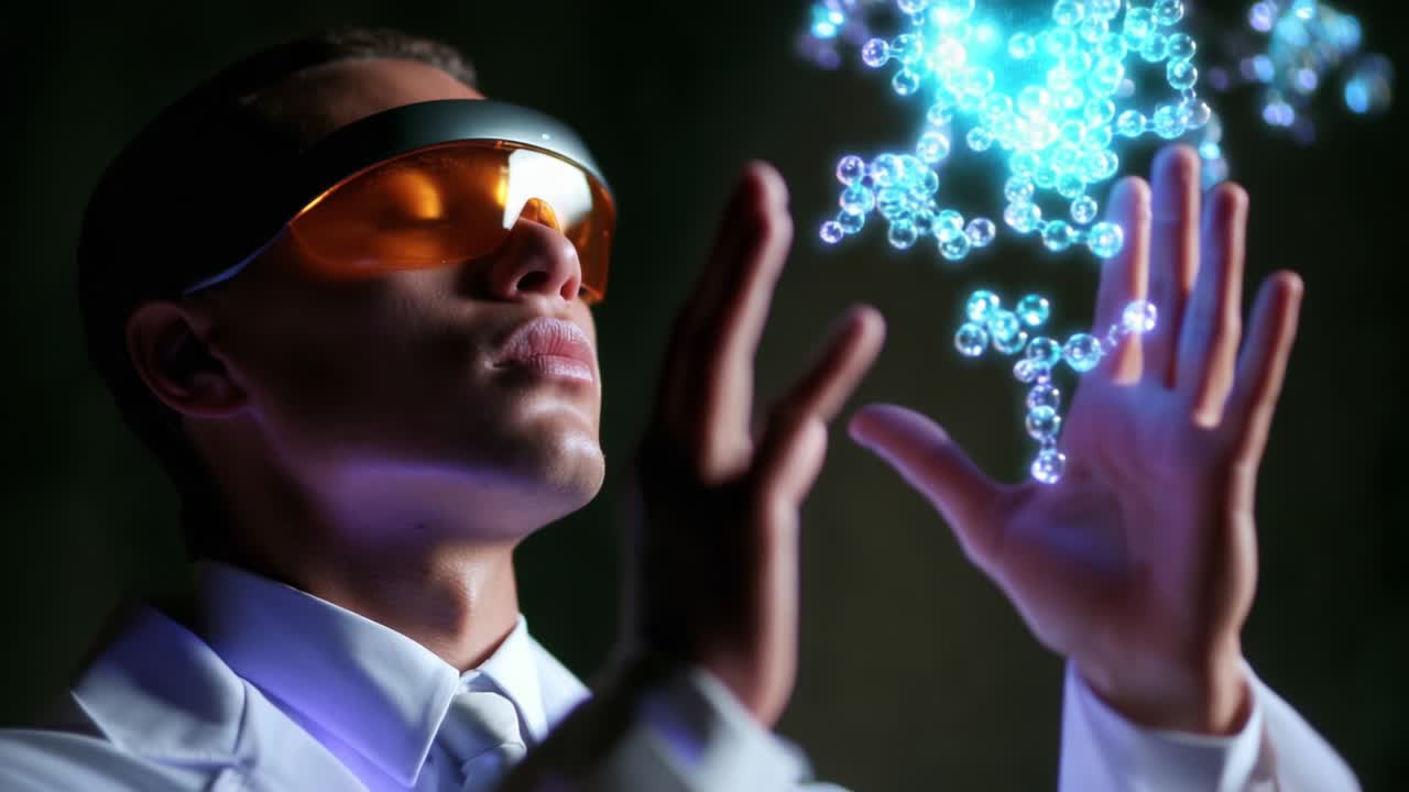 Uno scienziato futuristico esplora strutture molecolari, manipolando bolle di varie dimensioni mentre indossa occhiali avanzati. Le sfere luminose rappresentano ricerca innovativa ed esplorazione scientifica in un ambiente di laboratorio dinamico.