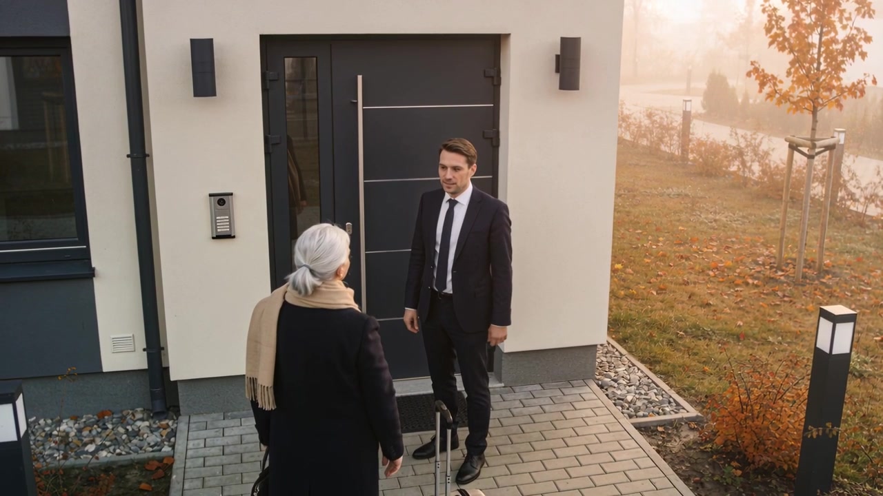 Donna con cappotto che saluta alla porta, uomo in completo che ricambia il saluto per un breve scambio, valigia.