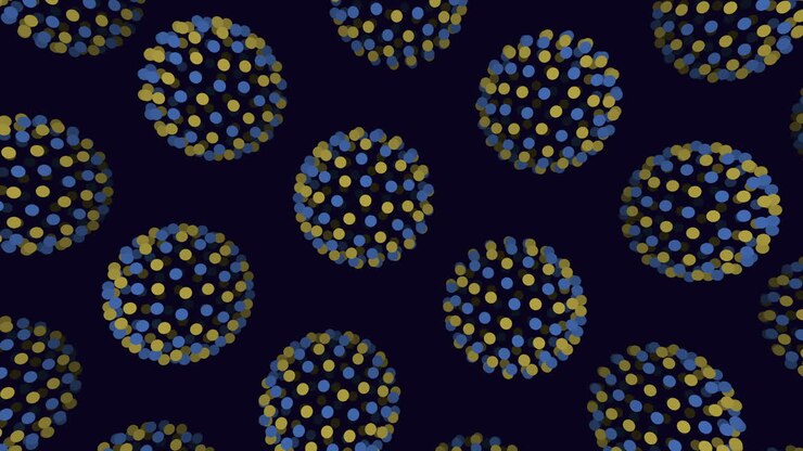 Vibrant circular pattern of blue and yellow dots on dark background