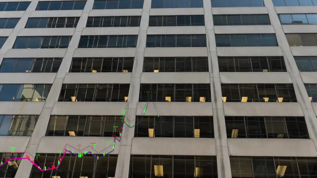 анимация финансовых графиков над современным офисным зданием.