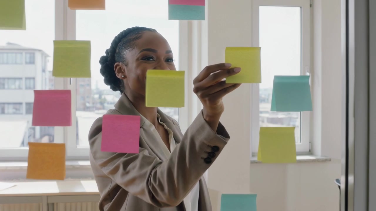 Grabbing yellow sticky note, woman in blazer and blouse smoothing note on office glass, planning
