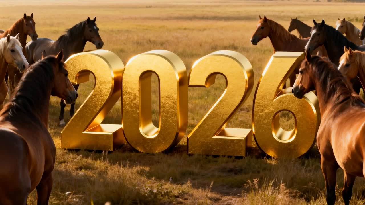 Mandria di cavalli al galoppo che si muove verso un numero 2026 dorato indipendente su un prato, lasciando impronte di zoccoli