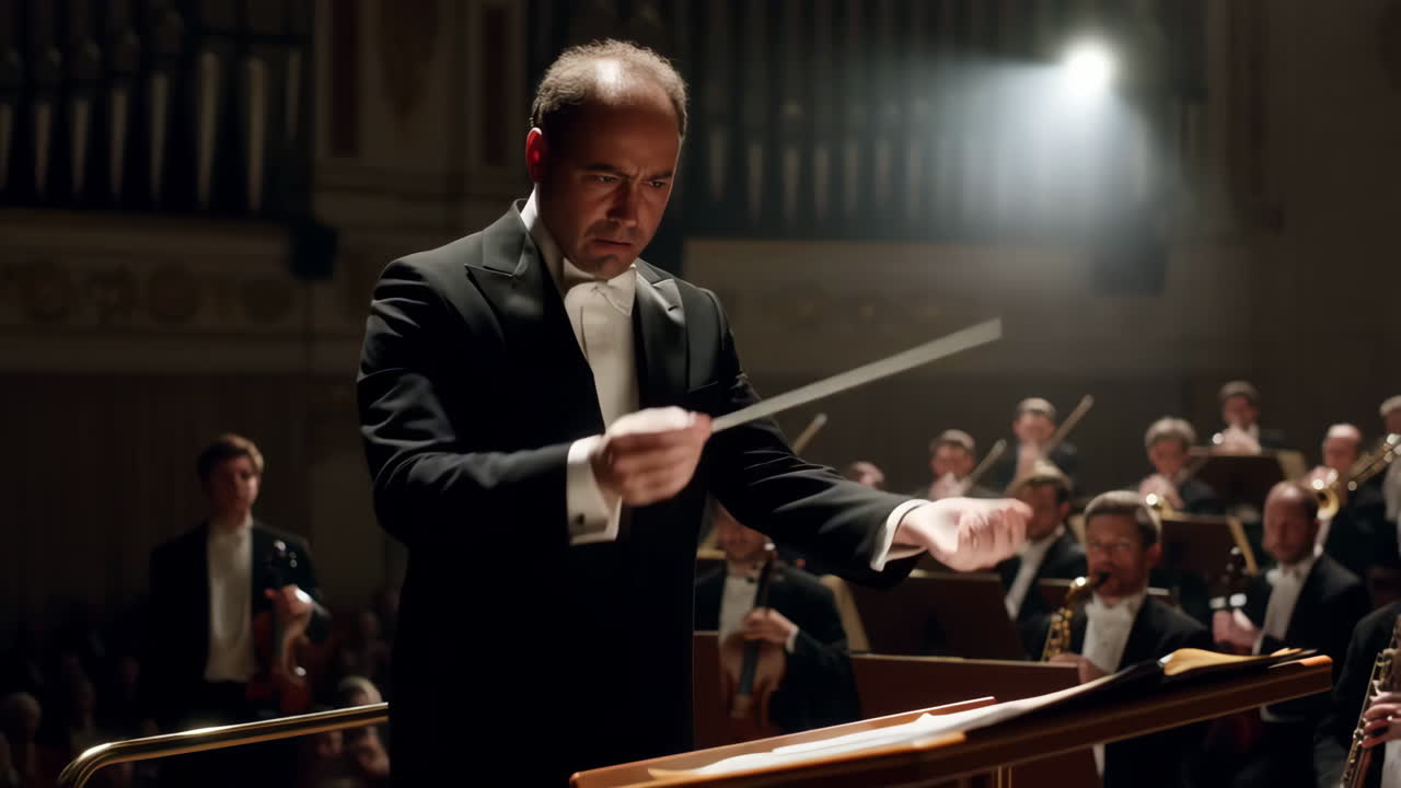 A conductor leading an orchestra during a formal concert performance