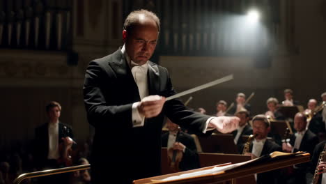 a conductor leading an orchestra during a formal concert performance