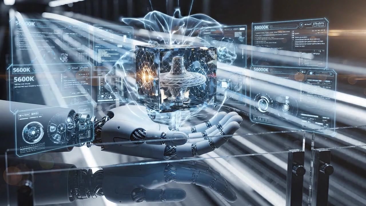A futuristic robotic hand delicately grasping a transparent cube, showcasing the intersection of technology and artistry in a sleek, modern environment.
