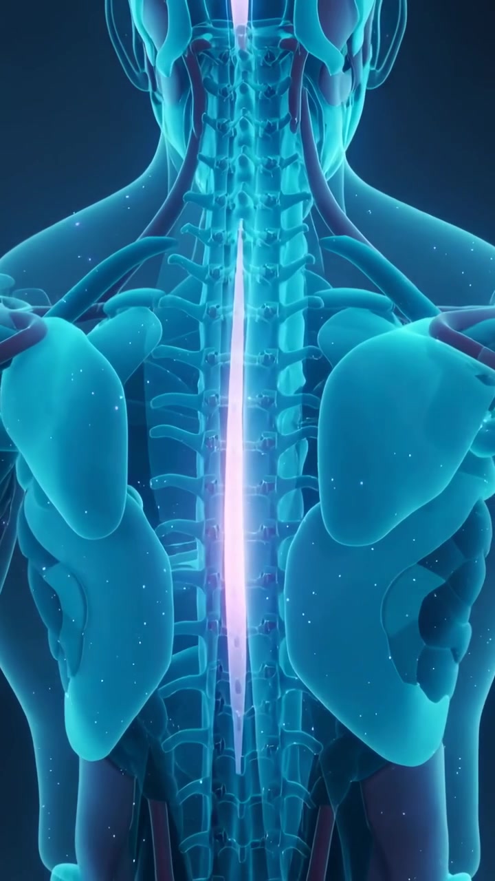 Vertical video: Starting 3D torso pulsing spinal cord, cam panning right revealing curve in studio