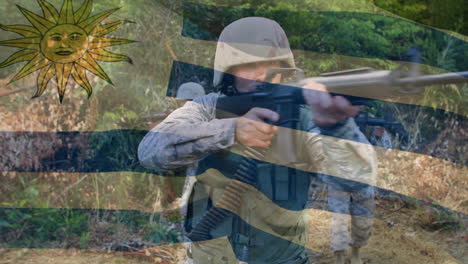 animation of flag of uruguay over diverse male soldiers with weapon