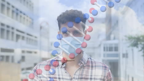 animación de una cadena de adn girando sobre un hombre con una máscara facial