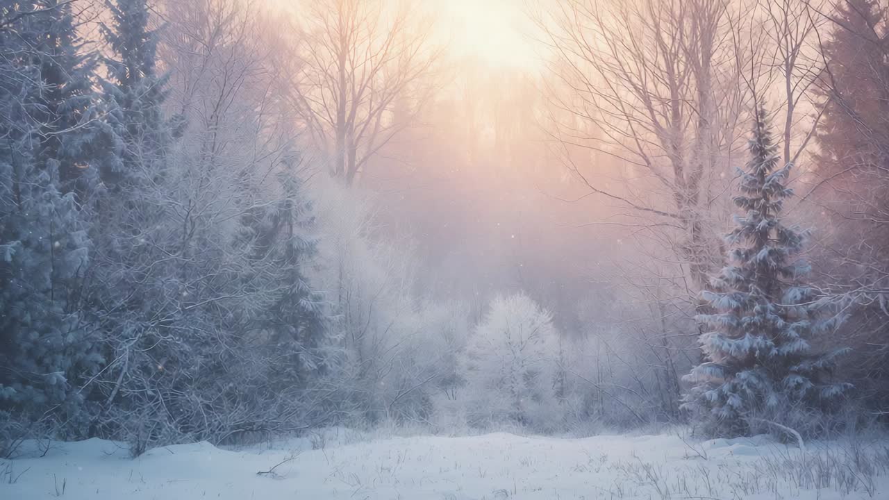 Strålende sol varmer opp tåken og avslører frostbelagte furutrær og nakne grener i en snødekt lysning