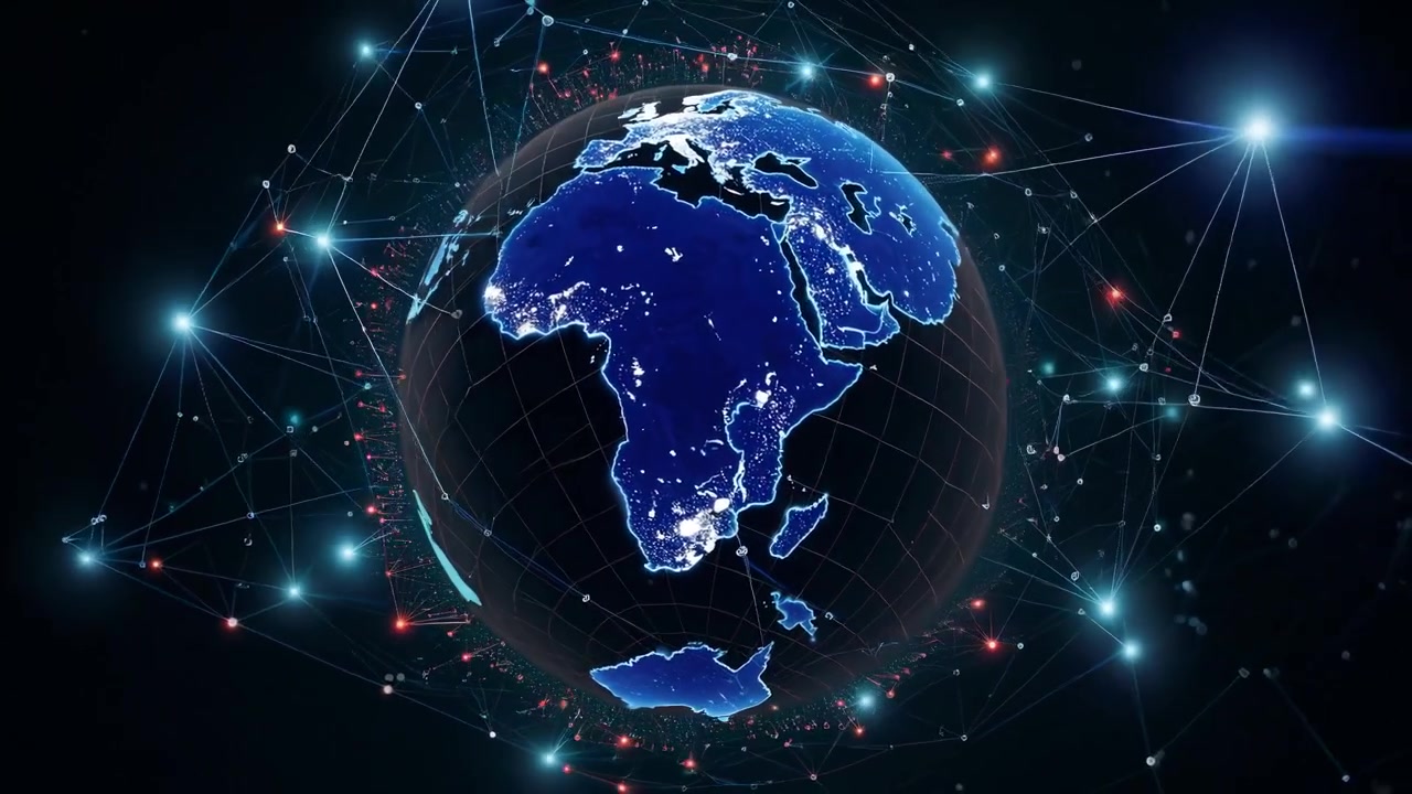 Globo terrestre digitale rotante con rete globale e luci della città