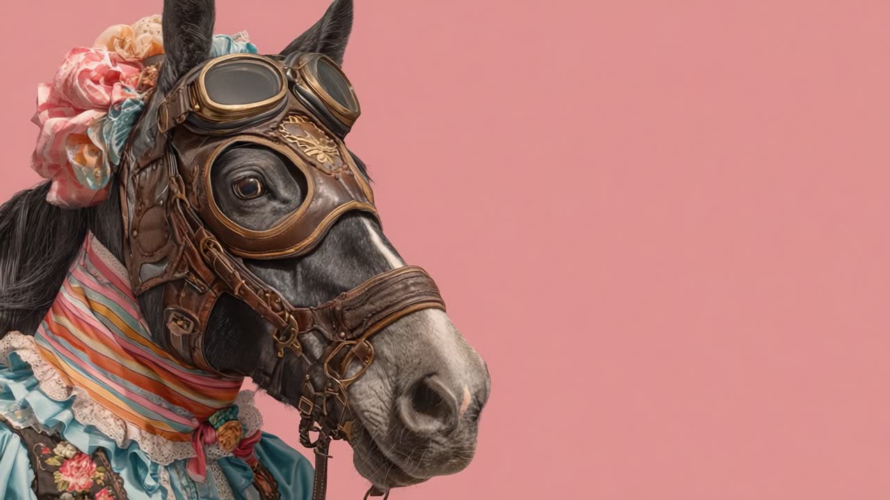 Um Cavalo Steampunk Encantador em Traje Vintage: Um Toque Caprichoso com Acentos Coloridos e Detalhes Únicos Capturado em um Retrato Artístico