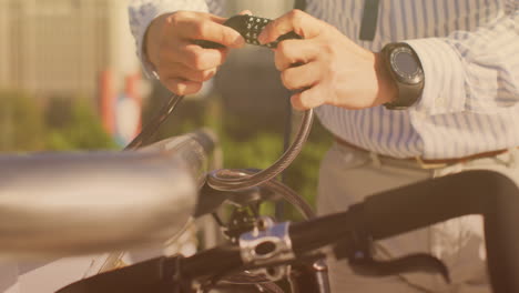 animation of asian man strapping his bicycle in city