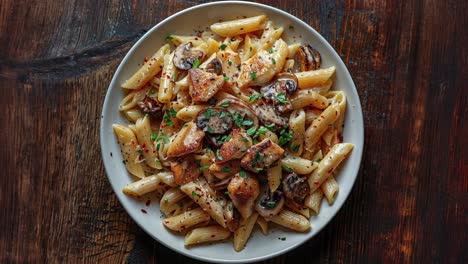 delicious penne pasta with chicken, mushrooms, and fresh herbs