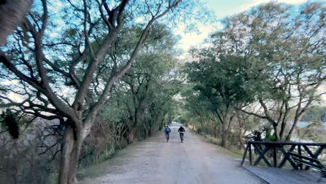 una hermosa foto rodante siguiendo a ciclistas a lo largo de un camino en la reserva ecológica costanera sur en puerto madero, argentina