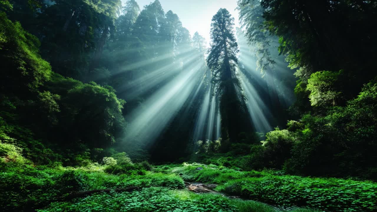 Sunlight Streaming Through Tall Trees in a Lush Forest, Creating a Serene Atmosphere in Nature with Vibrant Greenery and a Tranquil Stream Below