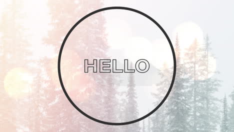 animation of hello over circle and winter forest landscape