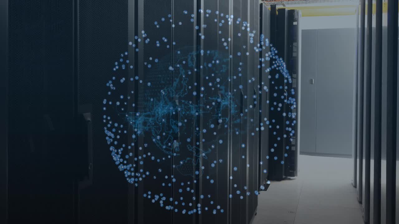 Animation of data processing and globe over server room